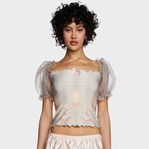 Sugar Thrillz Rococo Print Puff Sleeve Crop Top - Green SOLD OUT ONLINE